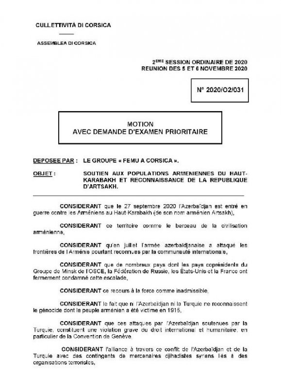 Ассамблея Корсики приняла резолюцию о признании Республики Арцах